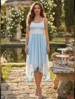 Women's White And Blue Asymmetrical Beaded Fairycore Summer Dress Medium